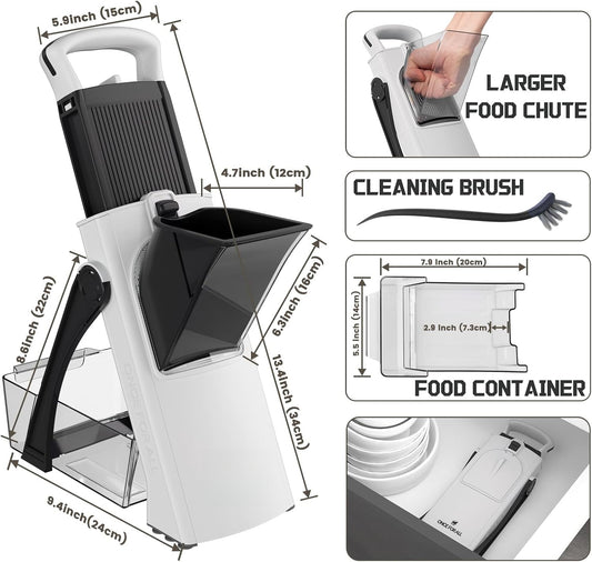 Safe Mandoline Slicer for Kitchen, 6 in 1 Vegetable Chopper, French Fry Cutter For Potatoes, Potato Slicer,Food Chopper,Adjustable Thickness 0.1-8 mm, With Peeler/Cleaning Brush (Deep Gray)