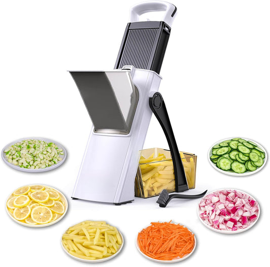 Safe Mandoline Slicer for Kitchen, 6 in 1 Vegetable Chopper, French Fry Cutter For Potatoes, Potato Slicer,Food Chopper,Adjustable Thickness 0.1-8 mm, With Peeler/Cleaning Brush (Deep Gray)