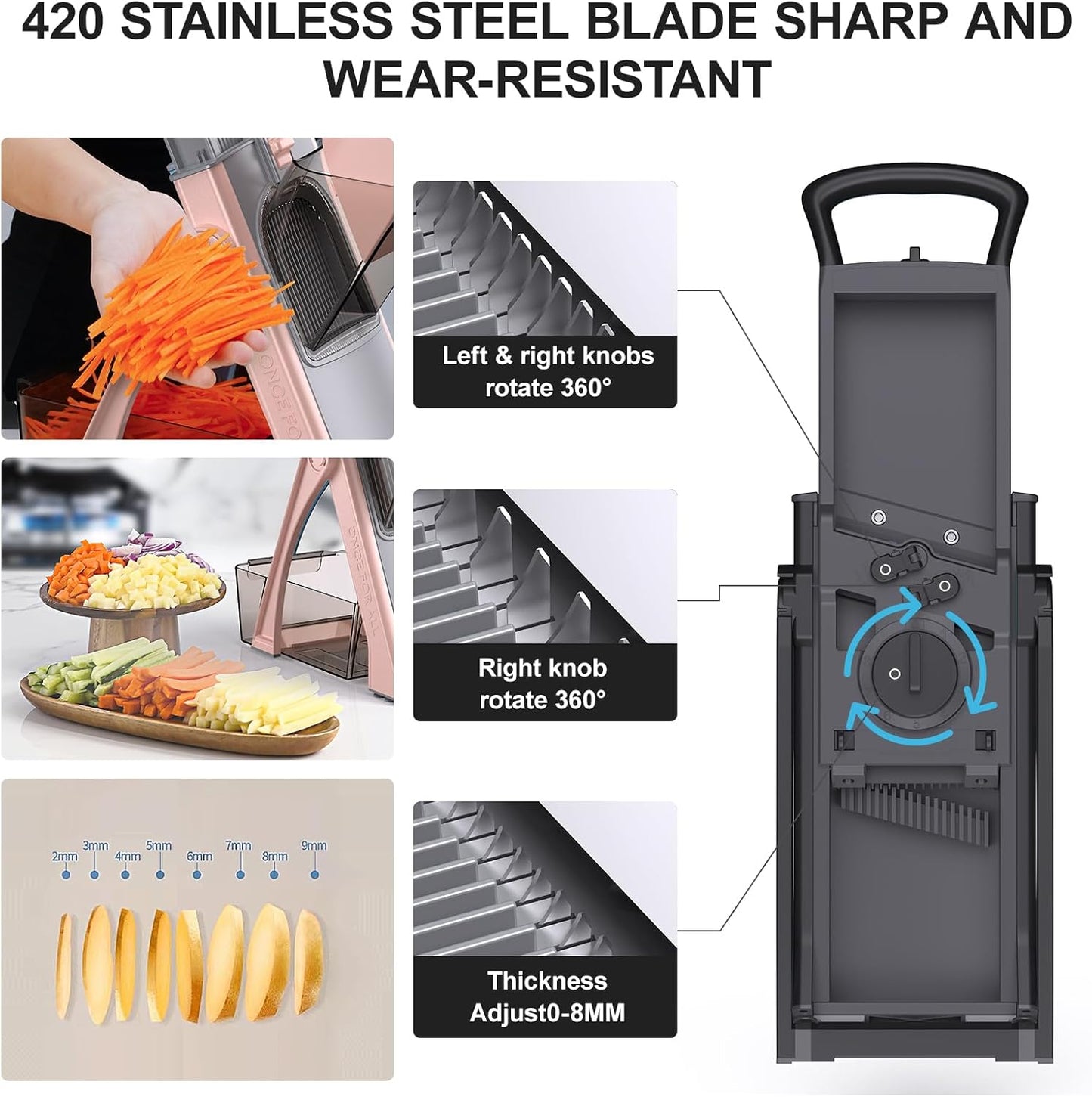 2026 [All in 1] Upgraded Version Safe Mandoline Slicer for Kitchen, Adjustable Thickness. Veggie Slicer, Rapid Prep Mandoline, Detachable Blade, Cleaning Brush/Paring Knife (Black Knight)