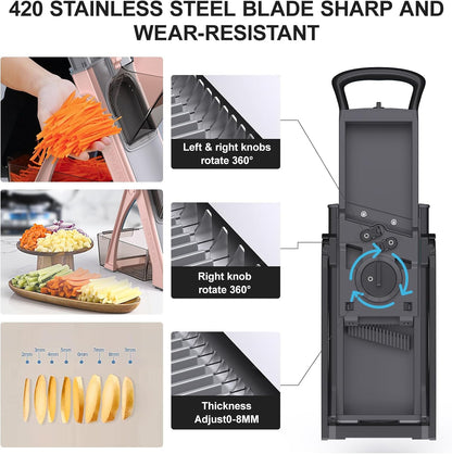 2026 [All in 1] Upgraded Version Safe Mandoline Slicer for Kitchen, Adjustable Thickness. Veggie Slicer, Rapid Prep Mandoline, Detachable Blade, Cleaning Brush/Paring Knife (Black Knight)
