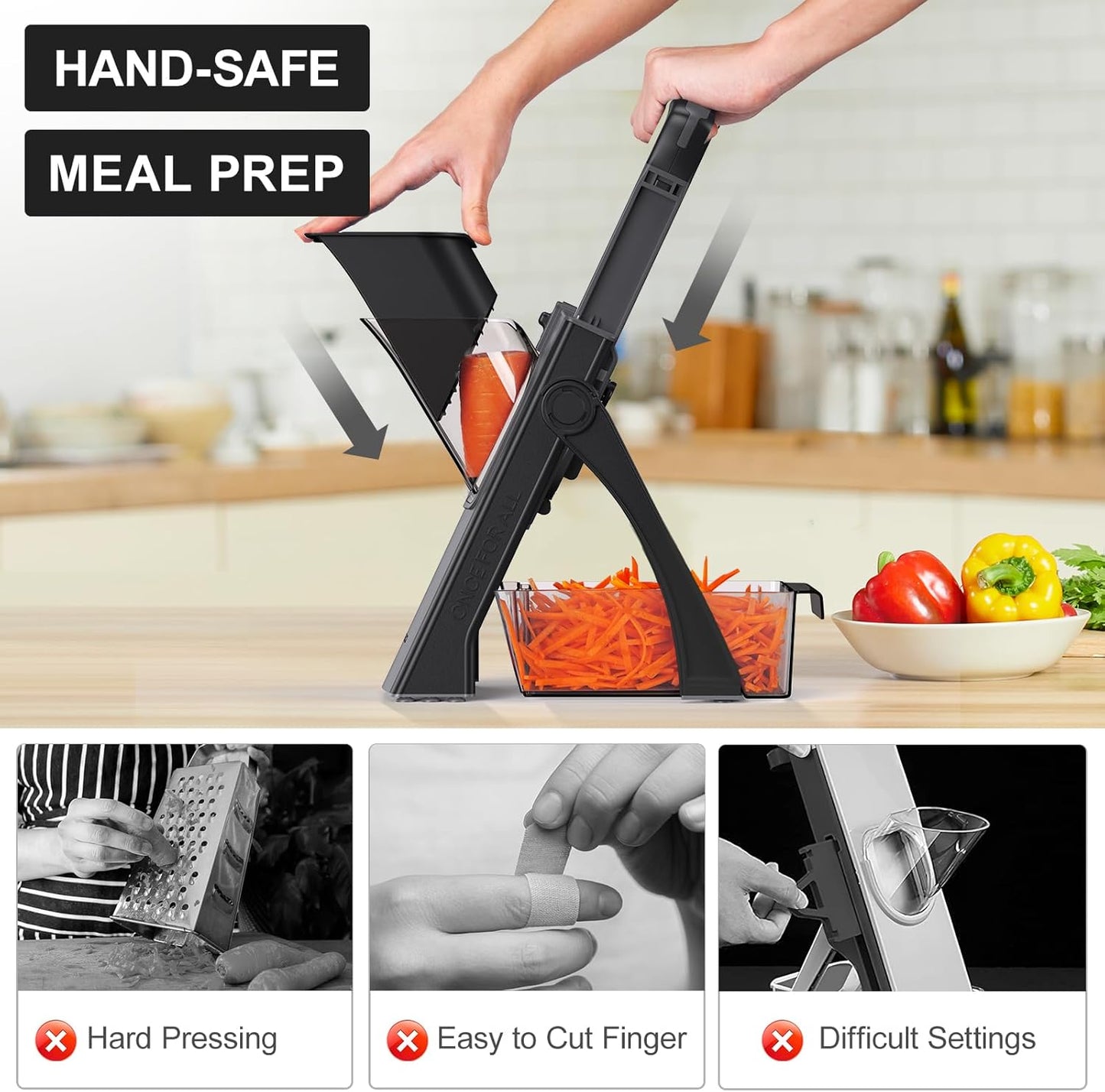 2026 [All in 1] Upgraded Version Safe Mandoline Slicer for Kitchen, Adjustable Thickness. Veggie Slicer, Rapid Prep Mandoline, Detachable Blade, Cleaning Brush/Paring Knife (Black Knight)