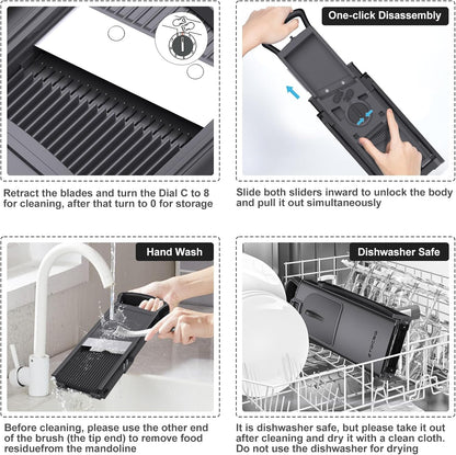 2026 [All in 1] Upgraded Version Safe Mandoline Slicer for Kitchen, Adjustable Thickness. Veggie Slicer, Rapid Prep Mandoline, Detachable Blade, Cleaning Brush/Paring Knife (Black Knight)